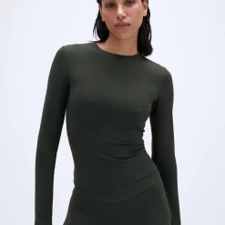 ADANOLA Long Sleeve Longline Top - Dark Olive