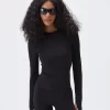 ADANOLA Long Sleeve Square Neck Top - Black