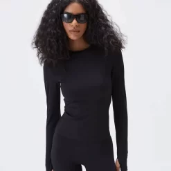 ADANOLA Long Sleeve Square Neck Top - Black