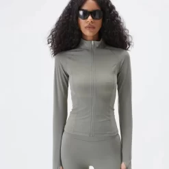 ADANOLA Long Sleeve Zip Up Top - Olive Green