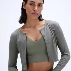 ADANOLA Rib Crop Cardigan - Olive Green
