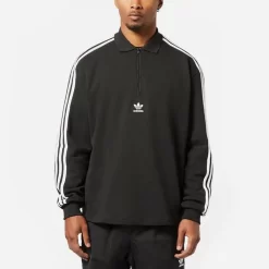 Adidas 3 Stripes Long Sleeve Polo Shirt - Black