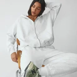 ADANOLA Oversized Full Zip Hoodie - Light Grey Melange