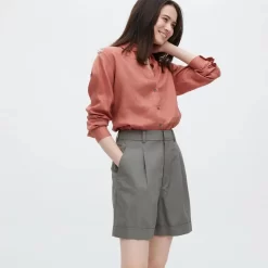 UNIQLO Linen Blend High Waisted Shorts - Olive
