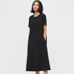 UNIQLO U Airism Cotton Short Sleeved Longline Flared Dress - Black