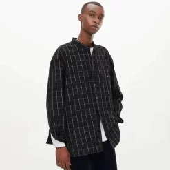 Uniqlo U Flannel Oversized Checked Shirt Grandad Collar - Black