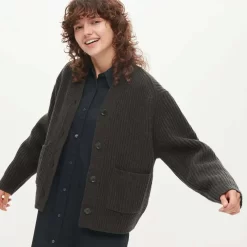 UNIQLO U Premium Lambswool Ribbed Cardigan - Dark Grey