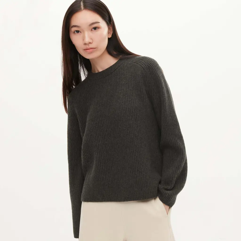 UNIQLO U Premium Lambswool Ribbed Crew Neck Jumper - Dark Grey